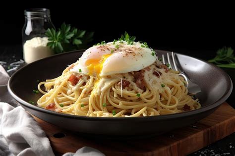 Premium Ai Image Spaghetti Carbonara Topped With A Poached Egg And