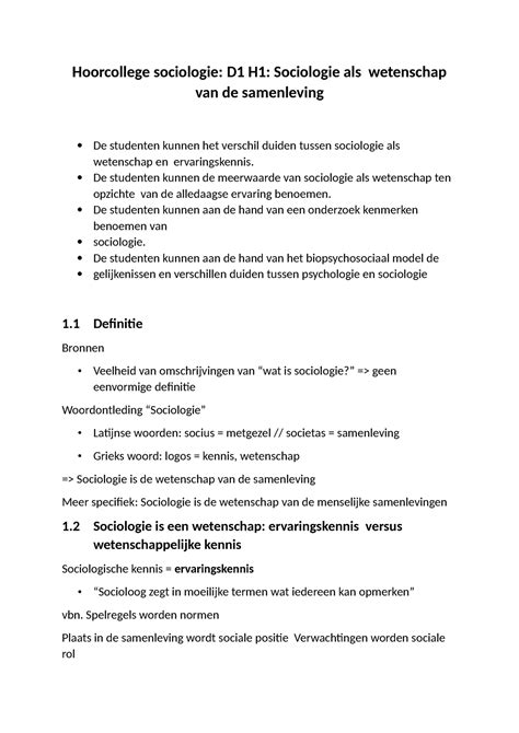 Sv Sociologie HC1 Les 1 Een Samenvatting Hoofdstuk 1 Hoorcollege