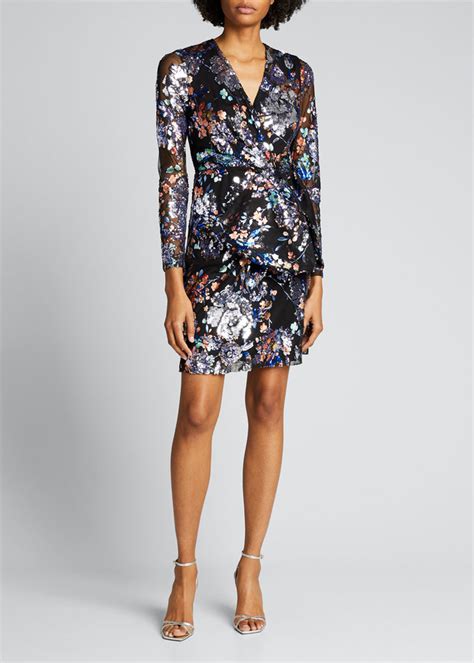 Badgley Mischka Floral Print Sequin Embellished Tulle Dress With Bow