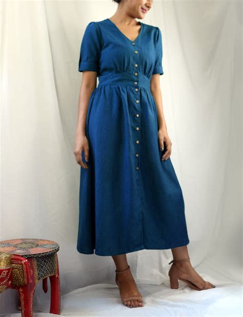 Blaue Leinen Maxi Kleid Button Down Kleid Custom Made Auf Etsy