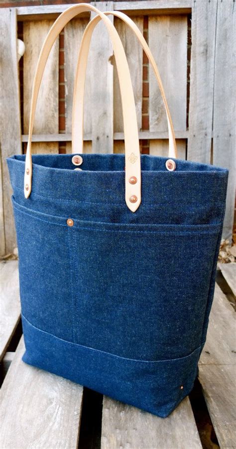 Waxed Denim Tote Bag With Leather Handles Large Denim Tote Denim Tote Bags Recycled Denim