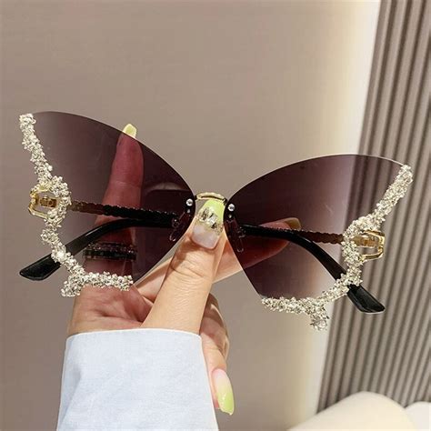 Fashion Sparkling Rhinestone Rimless Butterfly Sunglasses Y2k Women