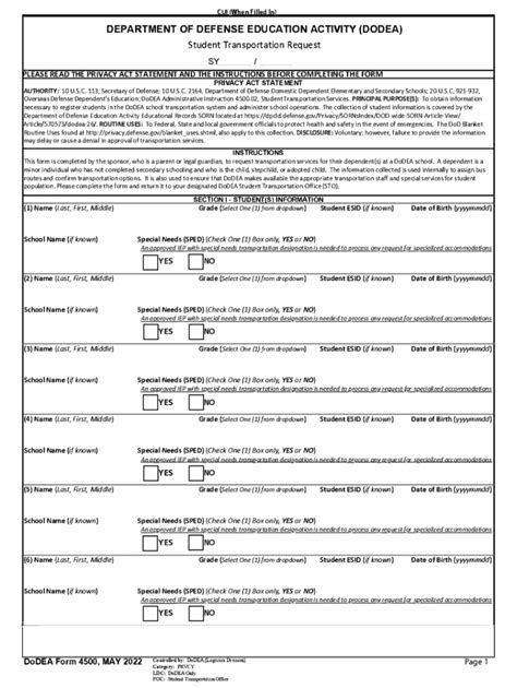 Fillable Online Dodea Form Student Transportation Request May