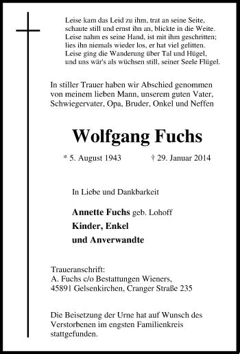 Traueranzeigen Von Wolfgang Fuchs Trauer In Nrw De