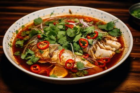 Hot And Spicy Sichuan Boiled Fish With Cilantro Delicious Sichuan Boiled Fish Image Premium Ai