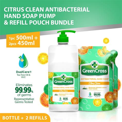 Green Cross Citrus Clean Antibacterial Hand Soap Pump And Set Of 2 Refill Pouch Bundle Shopee