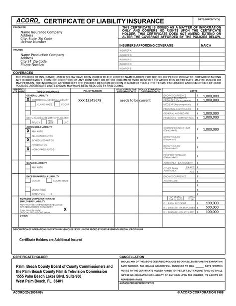 Certificate Of Liability Insurance Template