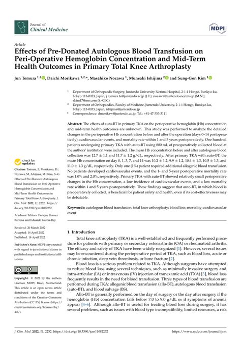 Pdf Effects Of Pre Donated Autologous Blood Transfusion On Peri