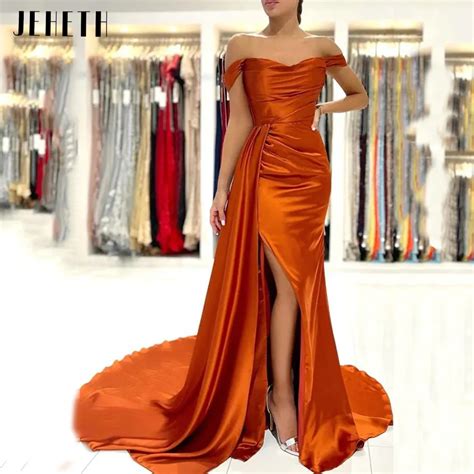 Jeheth Orange Satin Off Shoulder Mermaid Burnt Orange Evening Gown With