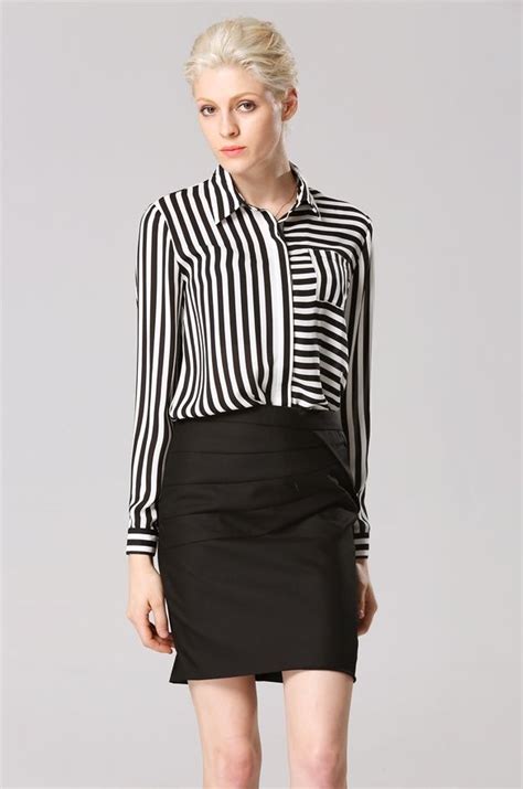 Stylish Lady Womens Casual Black And White Stripe Turndown Collar