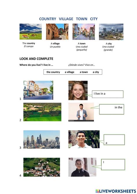 Country village town city worksheet | English as a second language (esl), City, Country