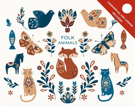 Folk Animals Clipart With Commercial License, Scandinavian Clipart ...