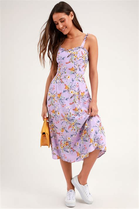 Lavender Floral Print Dress Floral Midi Dress Tie Back Dress Lulus