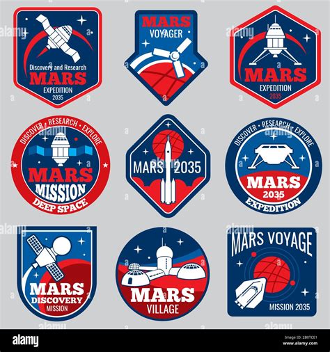 Mars Colonization Vector Retro Space Logos Und Labels Set Exploration