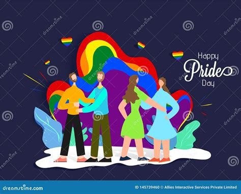 Happy Pride Day Concept For LGBTQ Community With Gay And Lesbian Couple And Rainbow Background