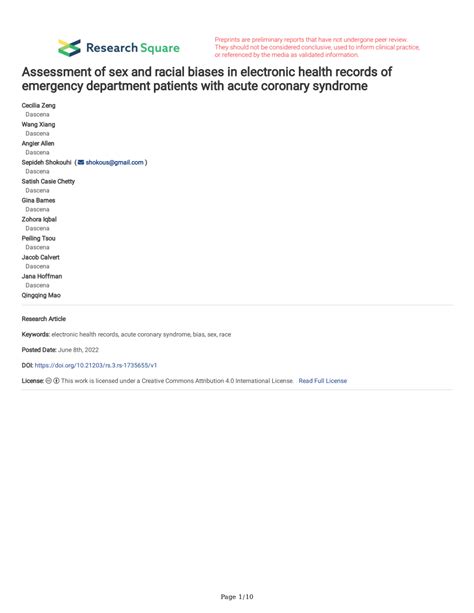 Pdf Assessment Of Sex And Racial Biases In Electronic Health Records Of Emergency Department