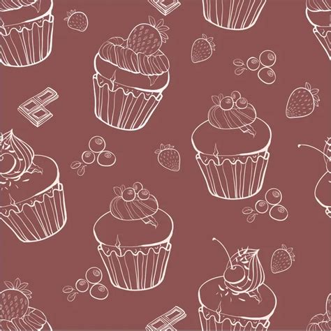 Cupcakes With Pink Cream Hand Drawn Sketch On Pink Background Seamless