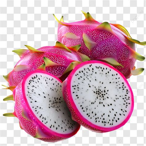 fresh dragon fruit cut open showing white flesh  black seeds dragon