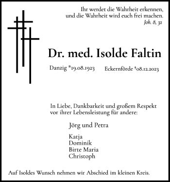 Traueranzeigen Von Dr Med Isolde Faltin Sh Z Trauer