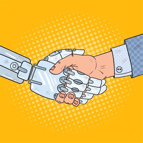 Premium Vector | Business robot and human handshake