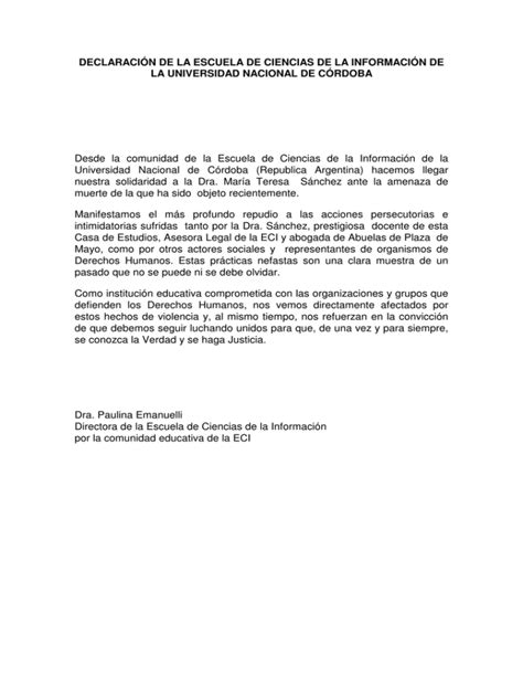 Declaraci N De La Escuela De Ciencias De La Informaci N De La