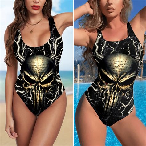 One Piece Bikini Thunder Skull Gothic Print Swimwear Swimsuit Bikini HG