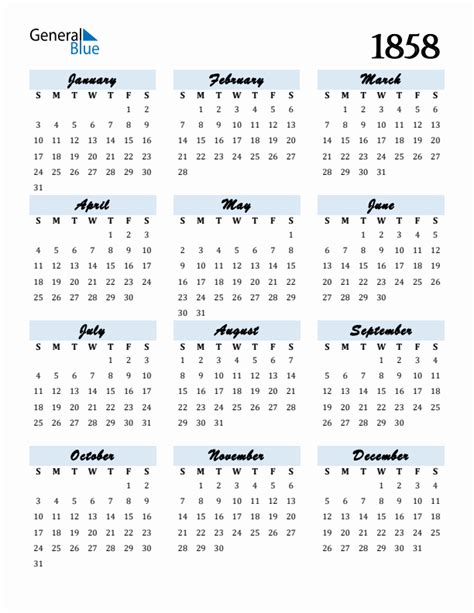 Free 1858 Calendars in PDF, Word, Excel