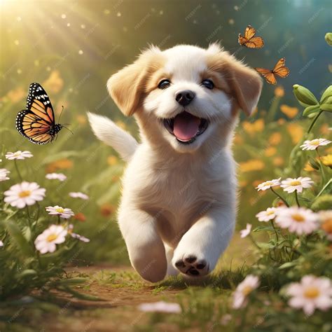 A playful puppy chasing butterflies in a flowerfilled field | Premium