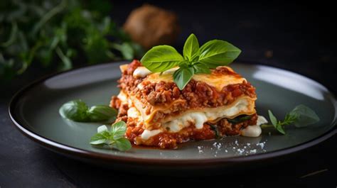 Premium Photo Piece Of Lasagna On Plate With Basil Leaves