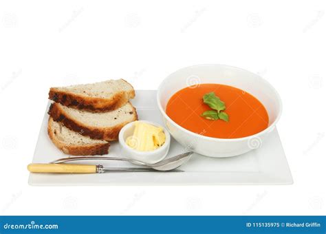 Tomato soup and bread stock image. Image of garnish - 115135975