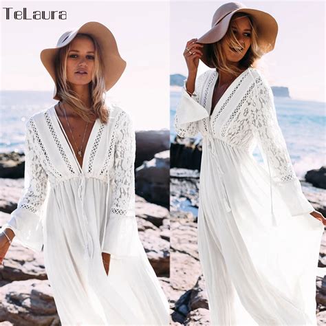 2019 Sexy Beach Cover Up Swimsuit White V Neck Hollow Out Beach Long Dress Women Bikini Swimwear