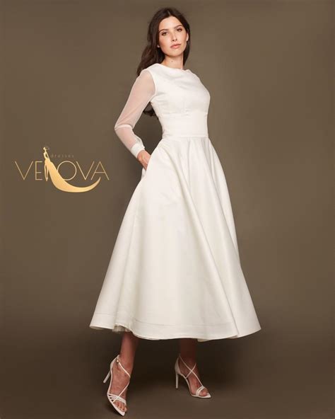 Short Satin Wedding Dress Long Sleeves Tea Length Minimalist Wedding