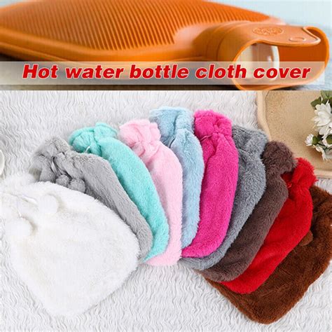 Large L Natural Rubber Hot Water Bottle Warm Faux Fur Fluffy Pom Pom