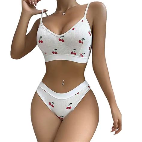 Fashion Woman Sports Bra And Underwear Set Sexy Hot Fashion Show Cherry Patterns Lingerie