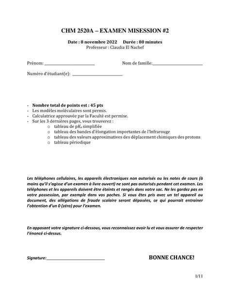 CHM 2520A Misession 2 CHM 2520A EXAMEN MISESSION Date 8 Novembre