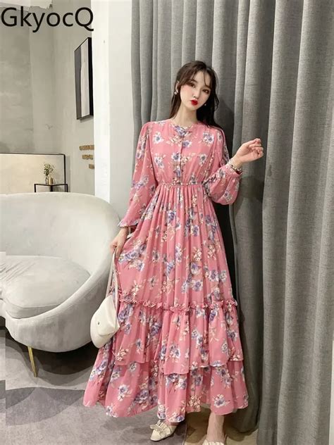 New Floral Long Sleeve Dress Round Neck High Waist Printed A Line Pollver Long Dress Women