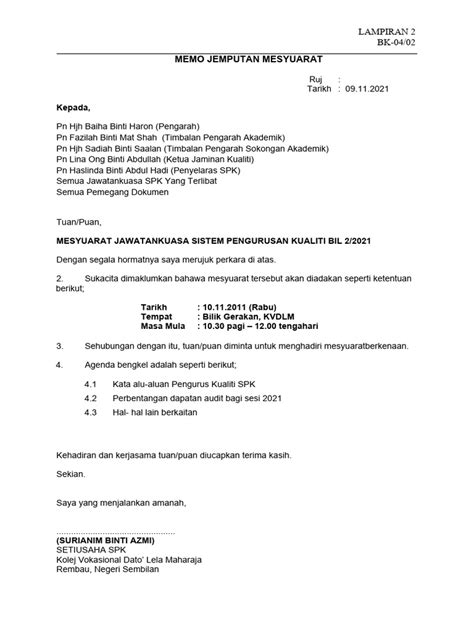 Memo Mesyuarat 2021 Pdf