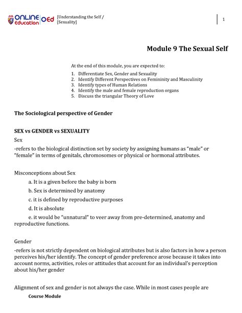 W9 The Sexual Self Notes Sexuality 1 Course Module Module 9 The Sexual Self At The End Of