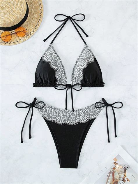 Bañador bikini con encaje en contraste halter triángulo con cordón