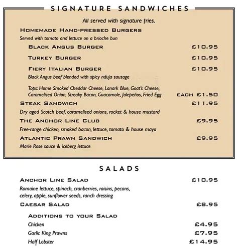 Menu at The Anchor Line steakhouse, Glasgow