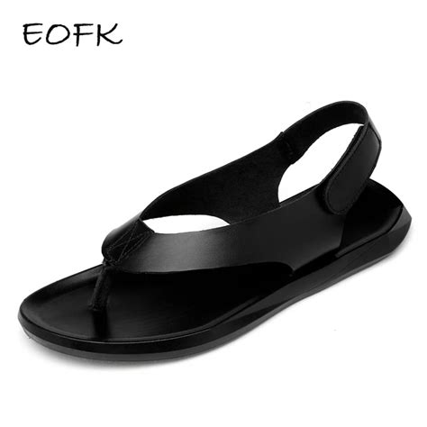 Eofk Summer Men Genuine Leather Sandals New Design Fashion Casual Black Slip On Sandals Man Men