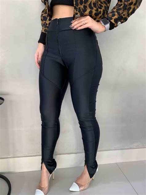 Calça cirrê prada cintura alta vinco zíper skinny preta Lavinny Store