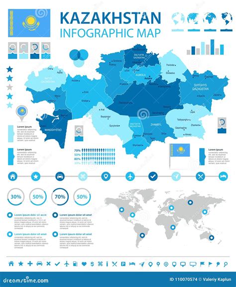 Kazakhstan Infographic Map And Flag Detailed Vector Illustration