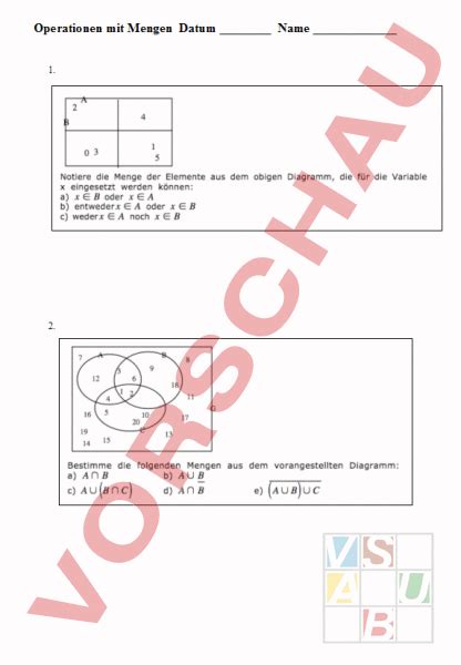 Arbeitsblatt Operationen Mit Mengen Mathematik Mengenlehre