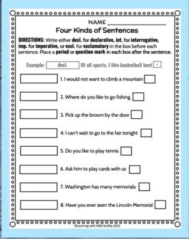 Journeys Gr Grammar Activities Quiz Easel Types Of Sentences