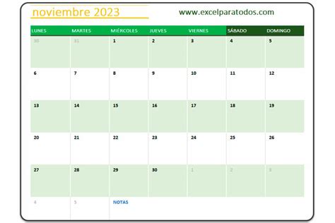 Calendario Noviembre 2023 Descarga Gratis En Excel Y PDF