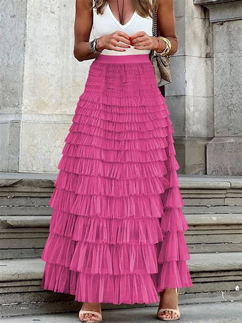 Summer Long Skirt Women Elegant Layered Ruffles Cake Skirts Female