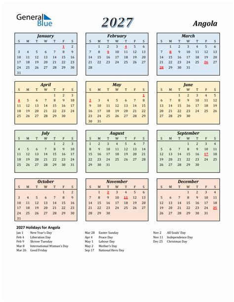 2027 Angola Calendar With Holidays