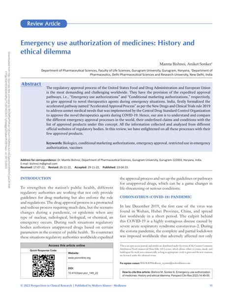 Pdf Emergency Use Authorization Of Medicines History And Ethical Dilemma