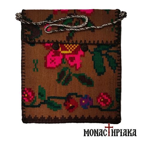 Brown Monk Handwoven Bag With Flowers Monastiriaka